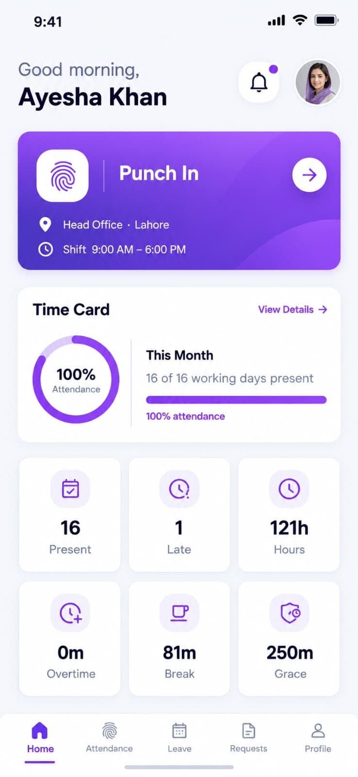 StreamHCM employee app home screen with Punch In and monthly time card