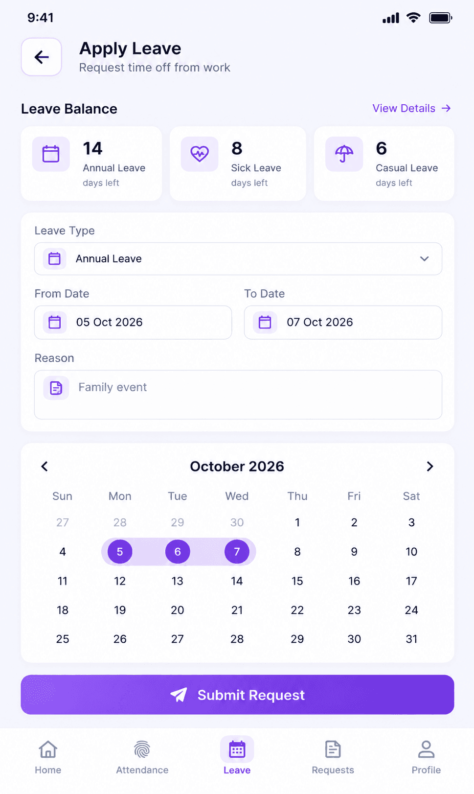 StreamHCM app leave request screen with leave balances and calendar