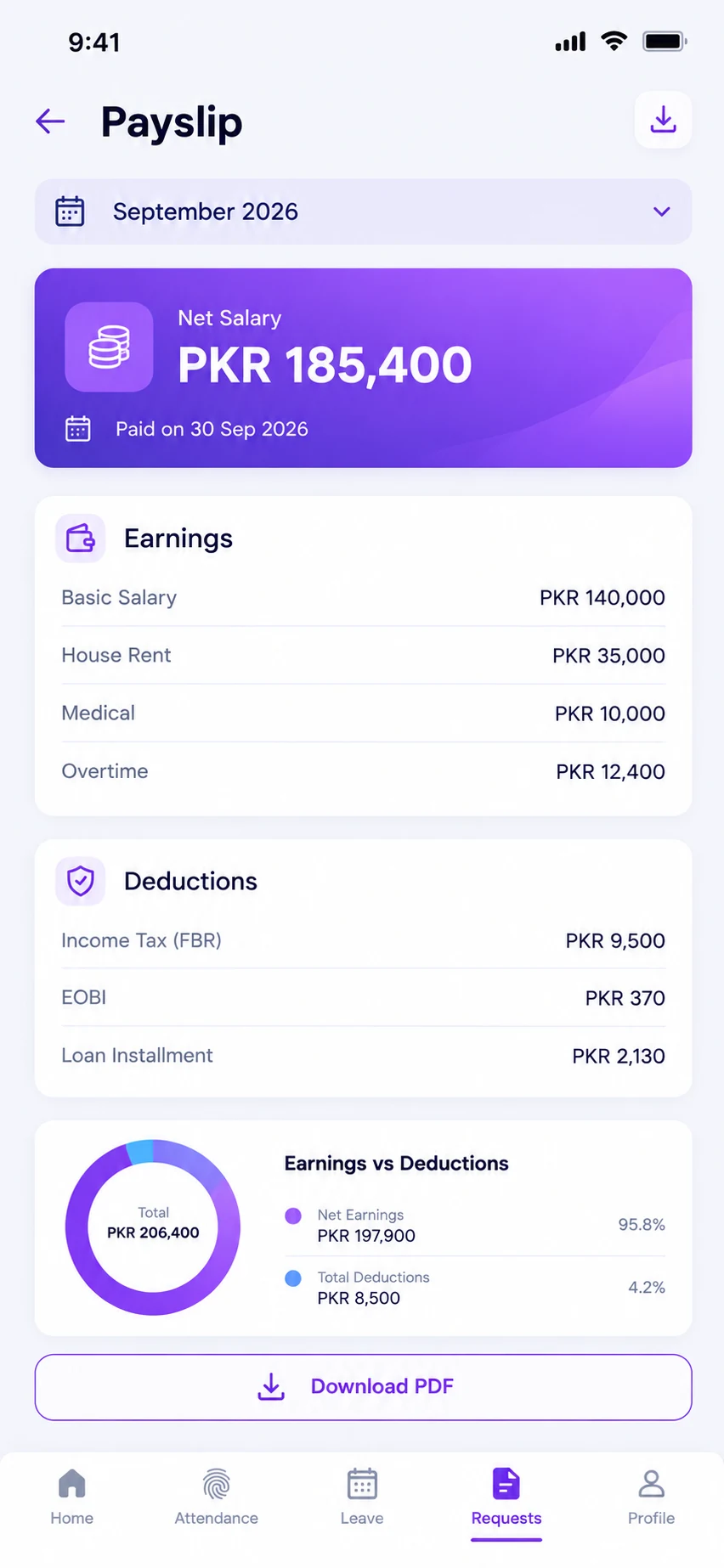 StreamHCM app payslip screen with earnings, deductions and net salary