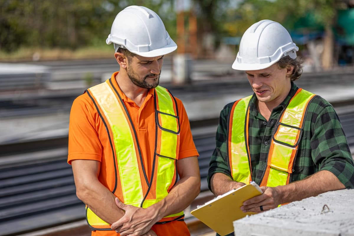 Two construction site supervisors in hard hats reviewing a clipboard together