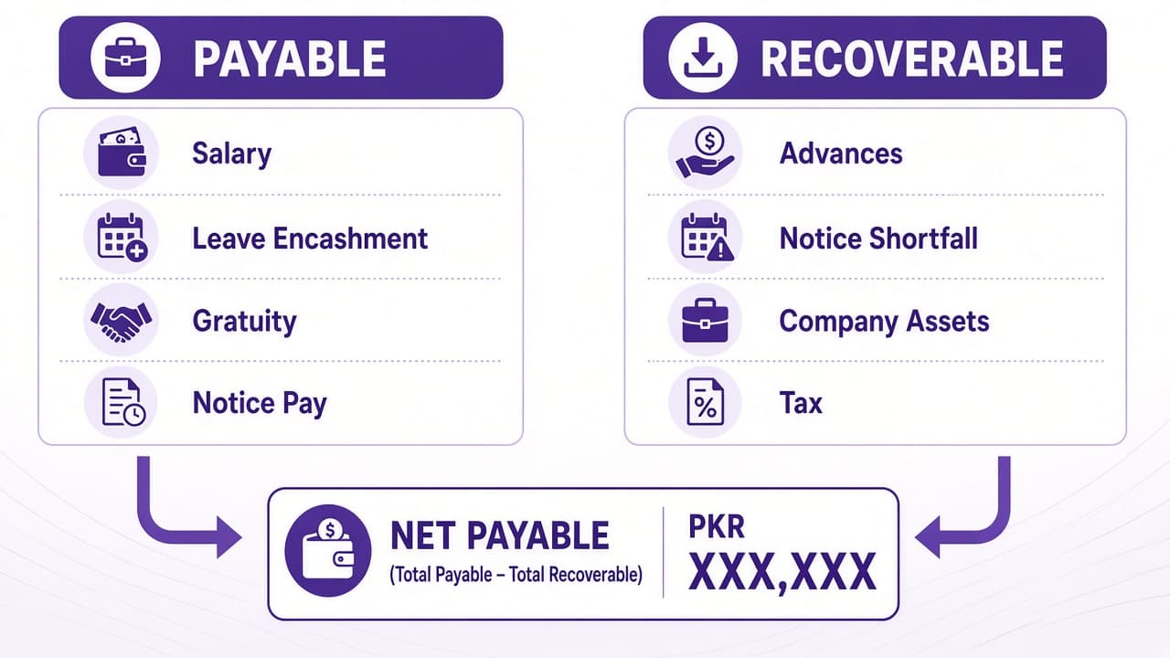 Components of full and final settlement: payable and recoverable items
