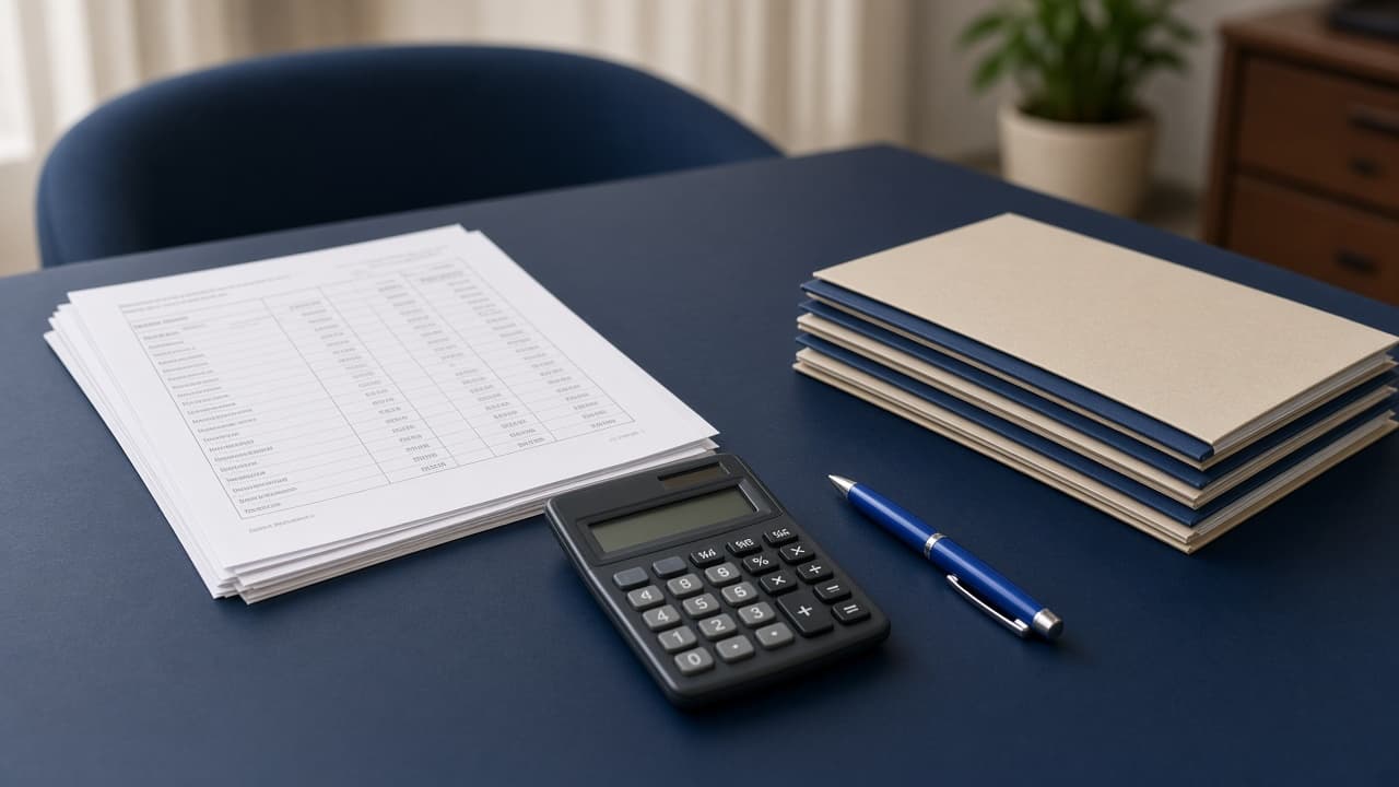 Payroll desk with a calculator and payslip papers in a Pakistani office