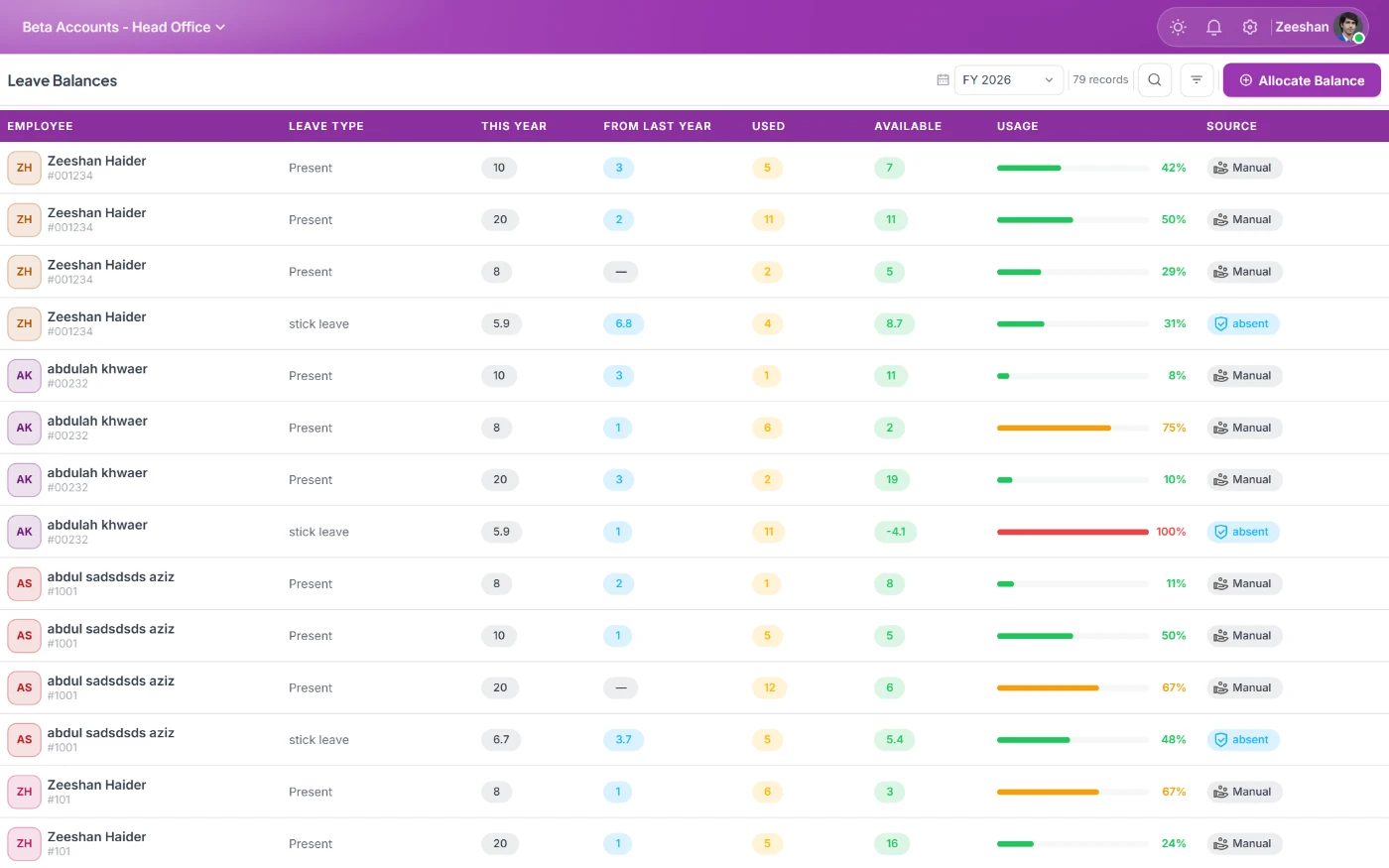 StreamHCM leave management screen with requests, balances and approvals