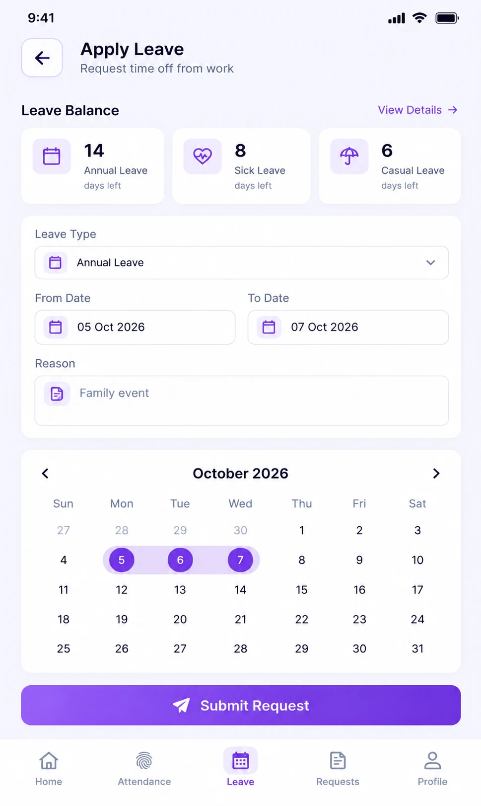 StreamHCM employee app leave screen with balances and a request calendar