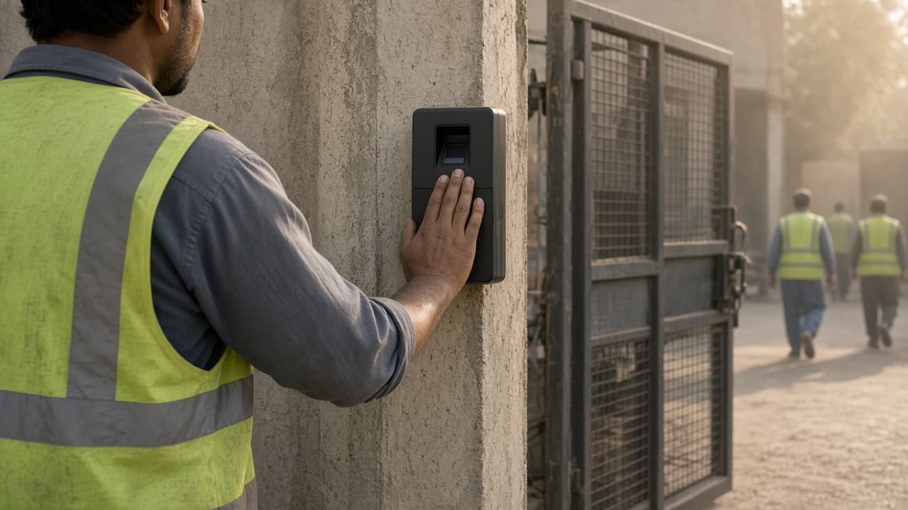 Worker using a fingerprint scanner at a factory gate in Pakistan