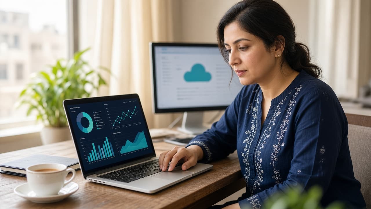 HR manager in a Lahore office reviewing a cloud HR dashboard on a laptop