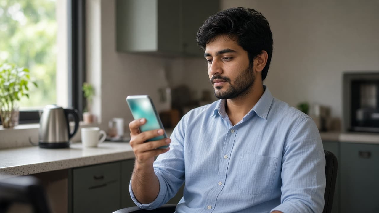 Employee checking a phone in a staff pantry, screen softly out of focus