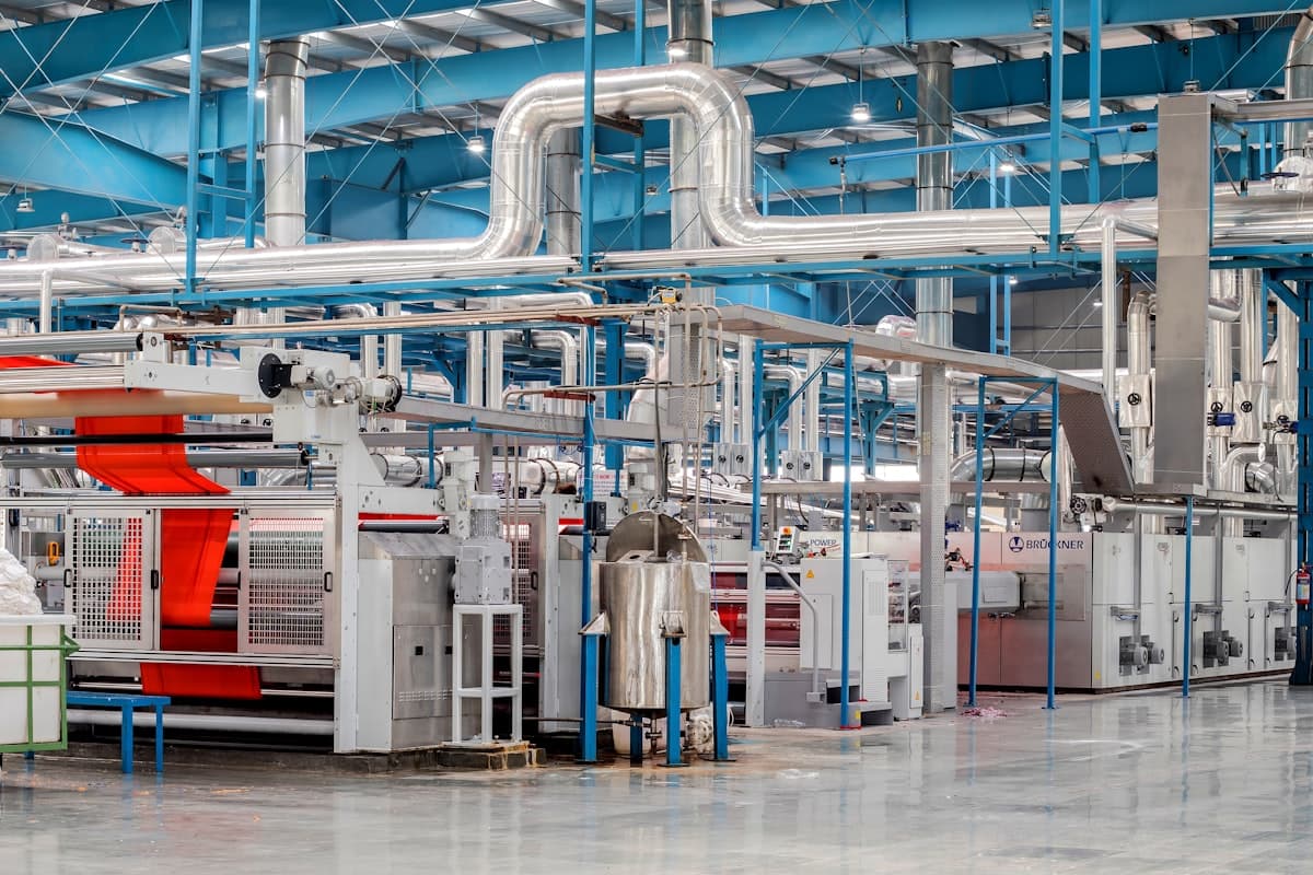 Industrial textile production hall with fabric processing machinery