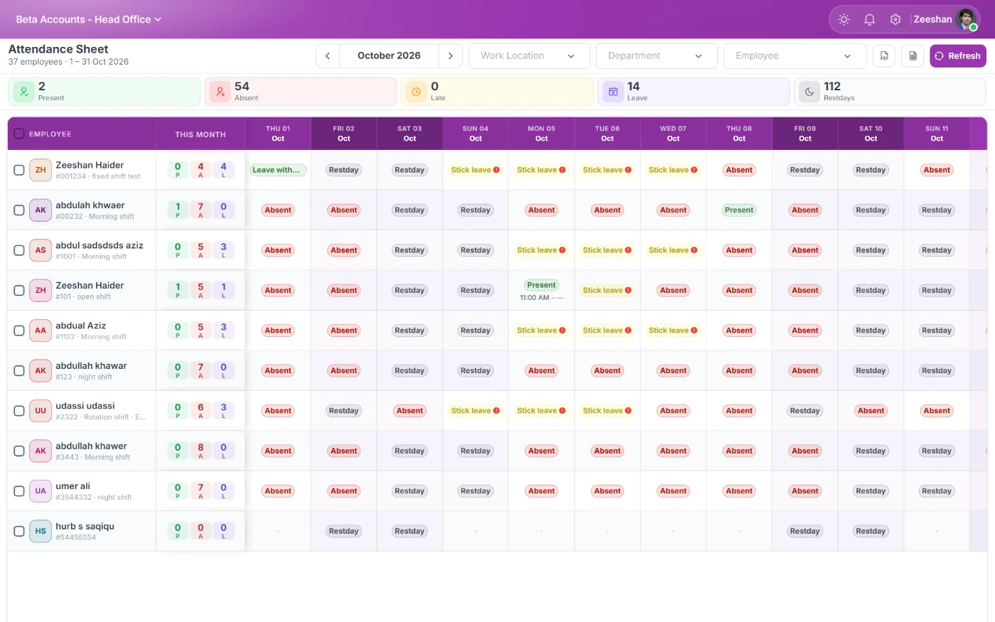 StreamHCM attendance screen showing daily punches, late marks and shift status
