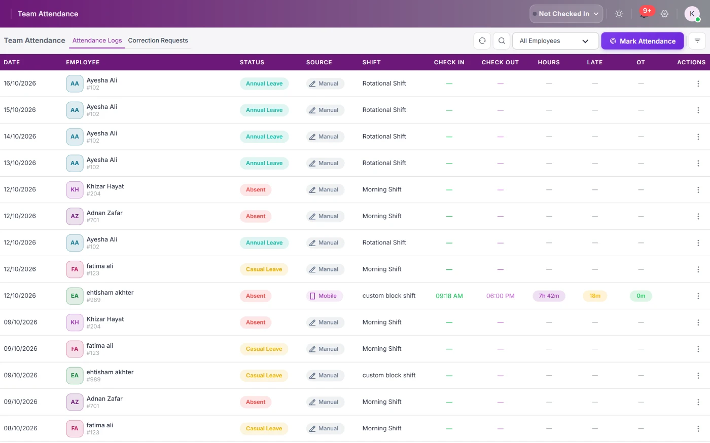 StreamHCM manager portal with team attendance and pending approvals