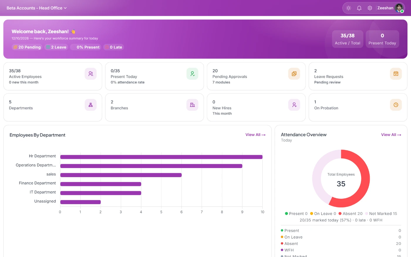 StreamHCM organization screen with branches, departments and reporting lines