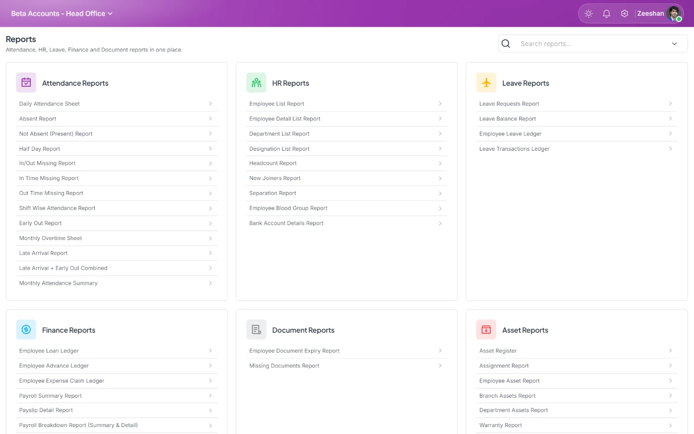 StreamHCM reports screen with headcount, attendance and payroll summaries