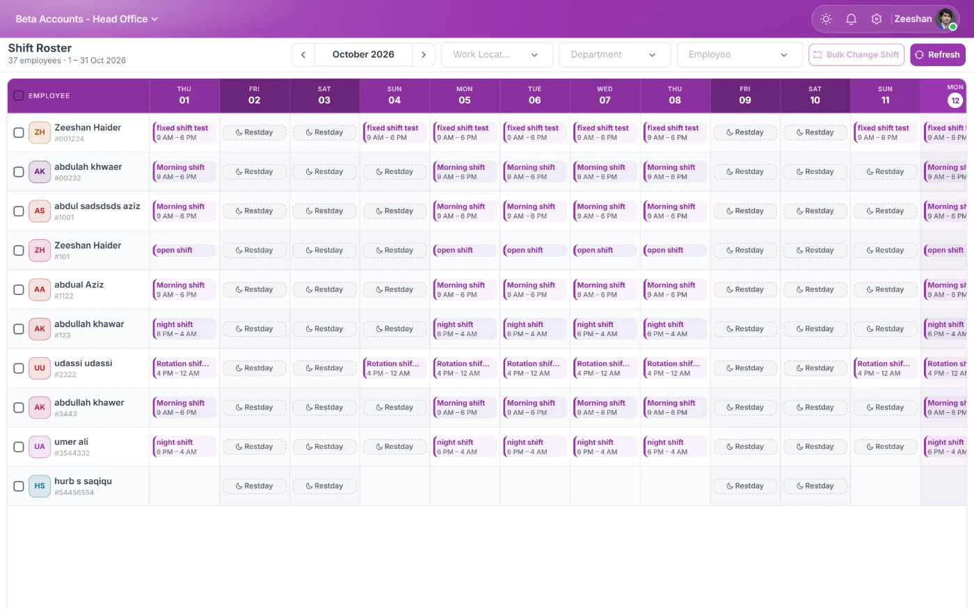 StreamHCM shift scheduling screen with rosters and shift timings